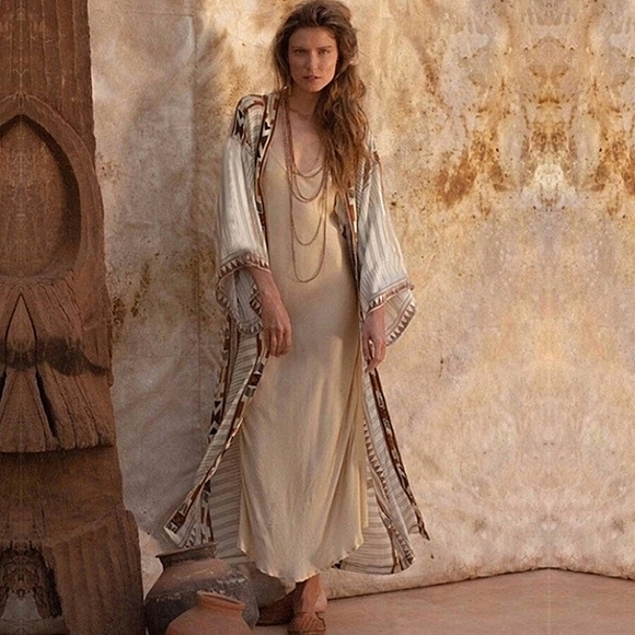 New Southwestern Tribal Kimono Duster Maxi Cardigan Jacket Tan Black - Picture 3 of 12